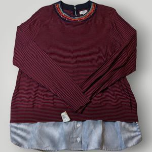 NWT Crown & Ivy Curvy 0X Cotton Blend Navy Blue & Red Beaded Lightweight Sweater